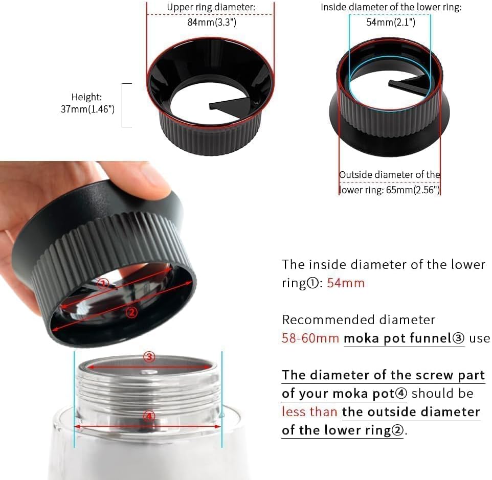 watchget Moka Pot Dosing Funnel - 54mm Espresso Coffee Dosing Ring, Plastic Powder Receiver and Distribution Tool for 3-Cup Moka Express Pot, Black