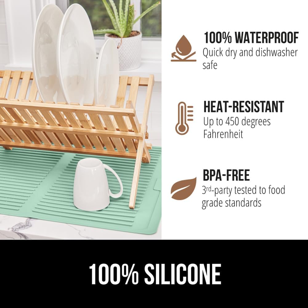GORILLA GRIP 100% BPA-Free Patented Silicone Dish Drying Mat for Kitchen Counter, 18x16 Inch, Water Catching Ribbed Design, Easy Clean Waterproof Sink Liner, Heat Resistant, Fits Under Rack, Mint