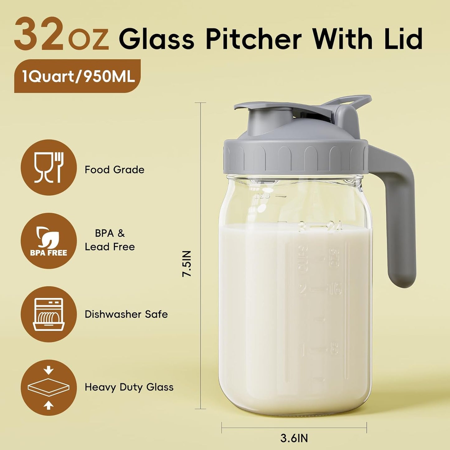 Breast Milk Pitcher Jug - 32 oz Glass Mason Jar Airtight Pitcher with Pour Spout Handle for Breastmilk, Iced Tea, Ice Drinks Storage Container