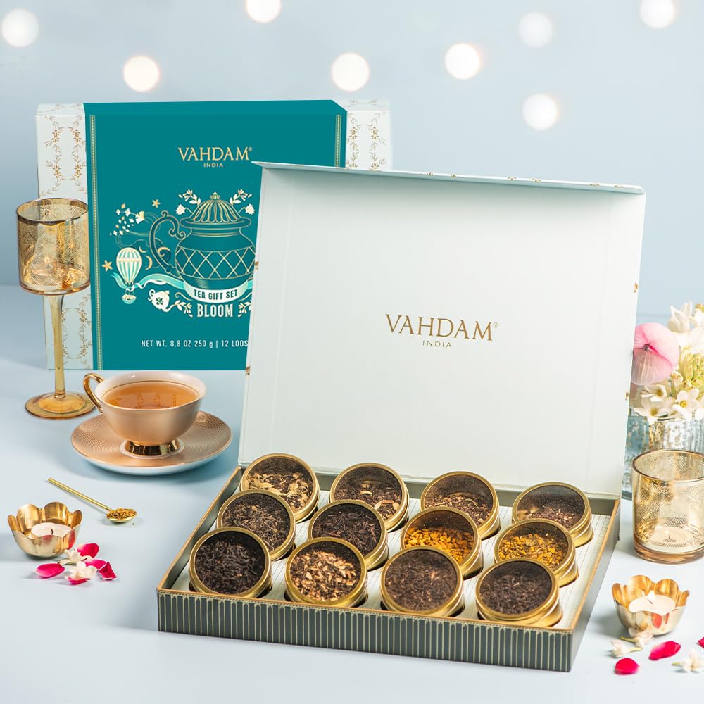 VAHDAM, Bloom - Assorted Tea Gift Sets (12 Loose Leaf Tea) Tin Caddy Presentation Box | Gluten Free, Non GMO | Gifts for Him and Her