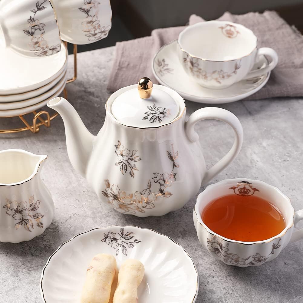 Porcelain Tea Sets British Royal Series, 8 OZ Cups & Saucer Service for 6, with Teapot Sugar Bowl Cream Pitcher Teaspoons and Tea Strainer, Suitable for High Tea, Wedding, Party（Morning glory）