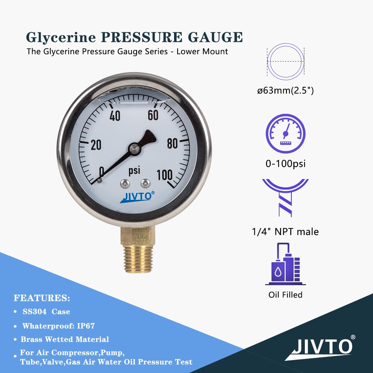 Pressure Gauge,Glycerin Liquid Filled,2.5" Dia,0-100 psi(Single Scale),1/4" NPT Brass Connection,Lower Mount, Stainless Steel Case,for Pneumatic,Pump,Hose,Well Tank,Gas Air Water Oil