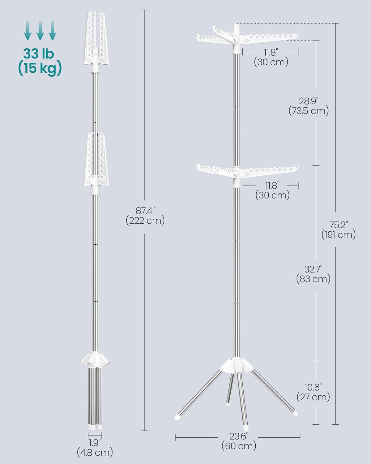 SONGMICS 2-Tier Clothes Drying Rack, 75.2-Inch Folding Laundry Drying Rack with 6 Rotatable Arms for Hangers, Stainless Steel, for 54 Pieces of Clothes, White and Silver ULLR514W01