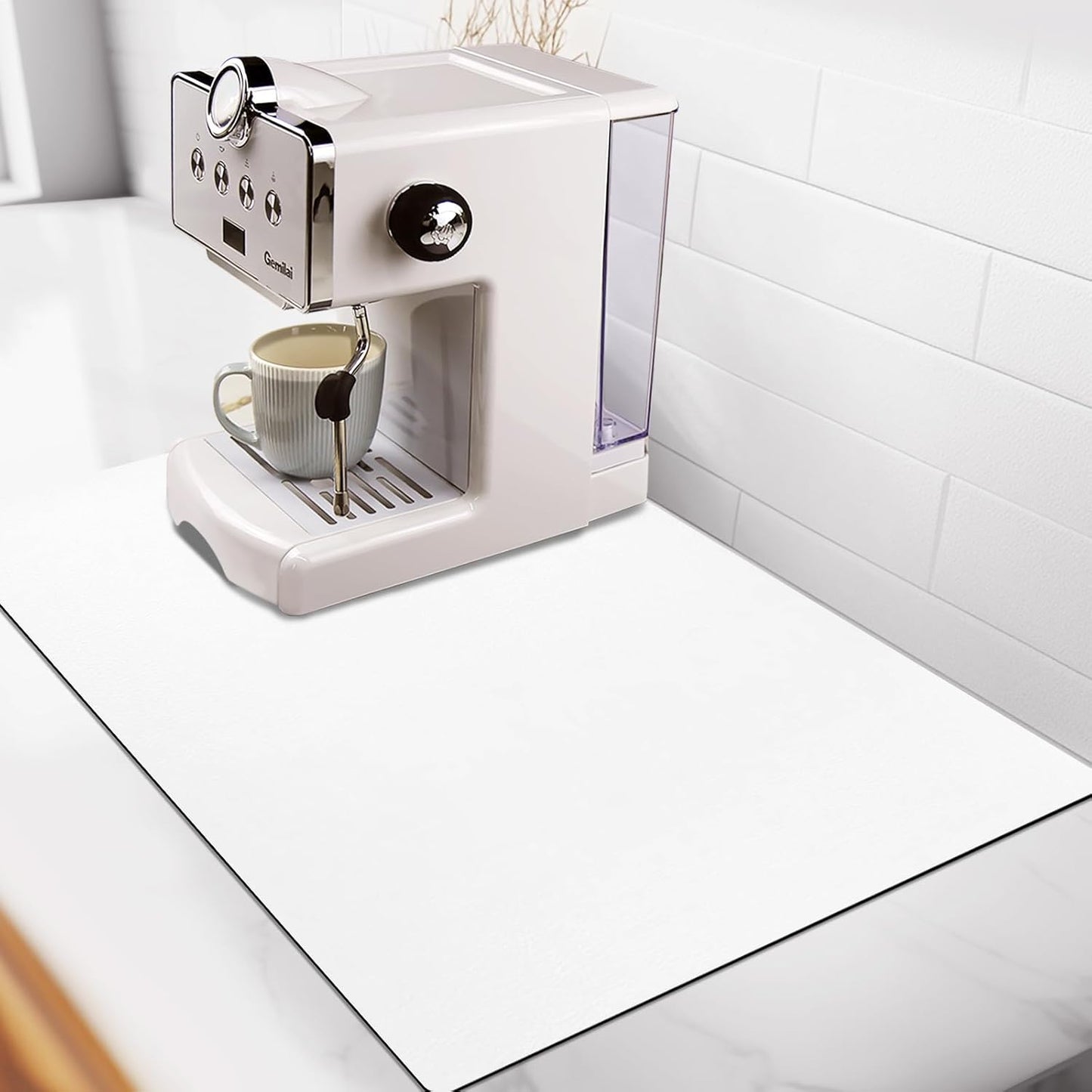 Matace Designer Coffee Bar Mat, Small 12 x 19 Inches, Rubber Backing, Absorbent Coffee Maker Mats for Dish Drying, Kitchen Countertop, Heat Resistant, Solid White