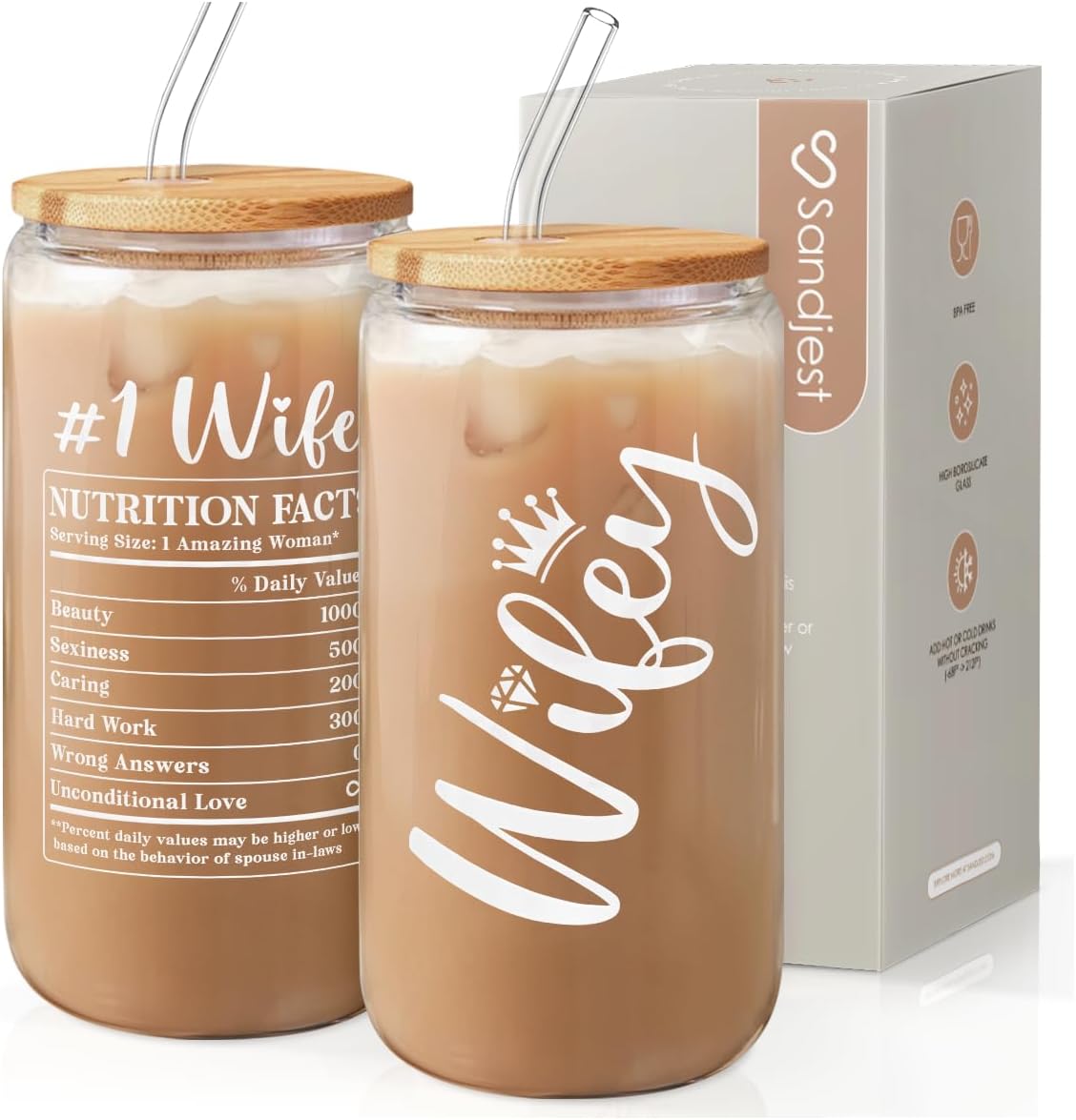 SANDJEST Wife Glass Can, Wifey Cup with Lid & Straw, Iced Coffee Aesthetic Cups, Idea Gift for Christmas Marriage Birthday Anniversary Valentine, Gifts for Women, 16oz