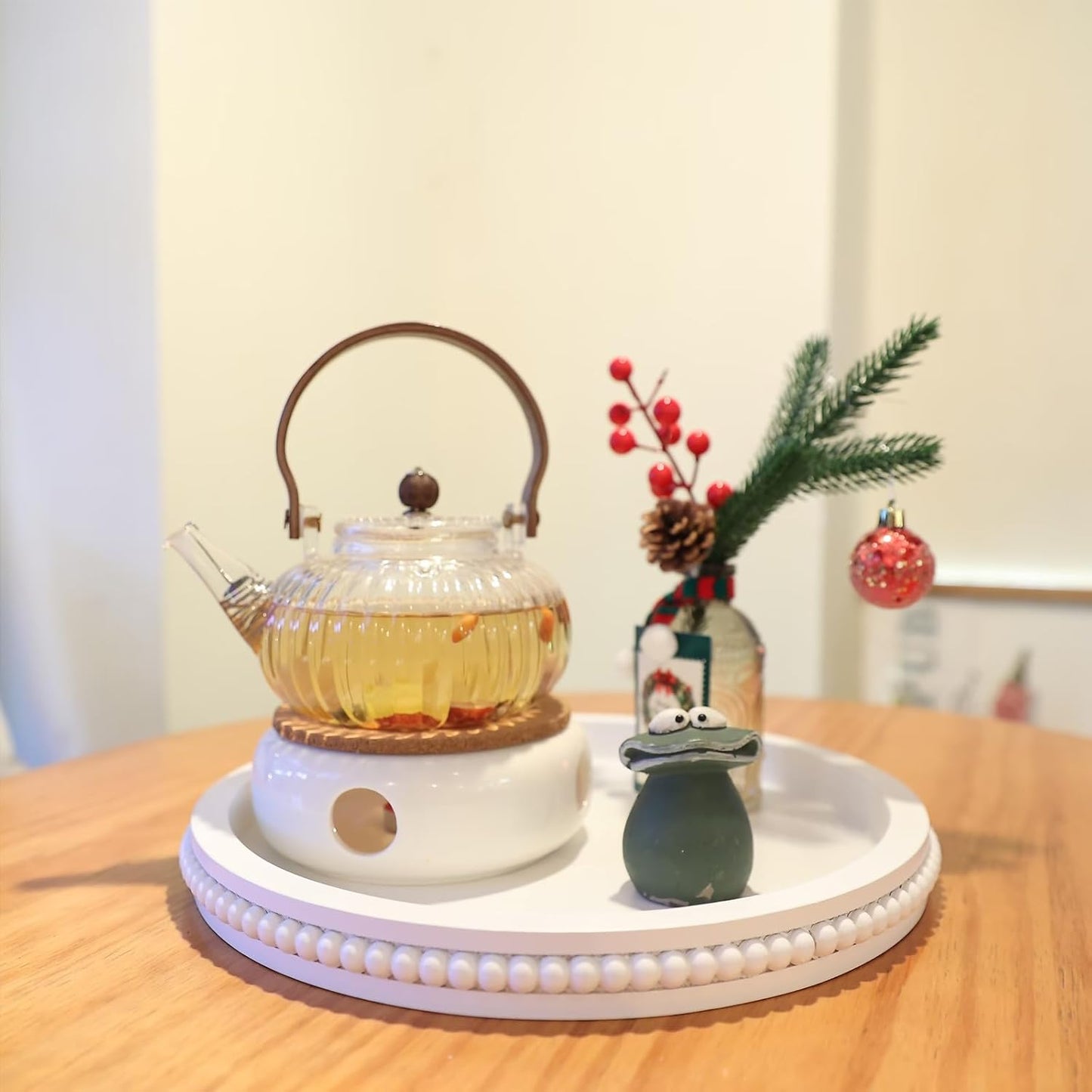 Round Wood Serving Tray with Beaded, 13” Rustic Wooden Decorative Coffee Table Tray for Centerpiece, Ottoman, Farmhouse Circle Trays for Counter, Living Room, Home Decor (White)