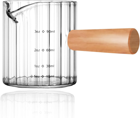 Espresso Measuring Cup 3 Oz, Espresso Glass Cups with Wood Handle, Milk Frothing Cup, Espresso Cup for Coffee, Milk, Tea or Maple Syrup Serving