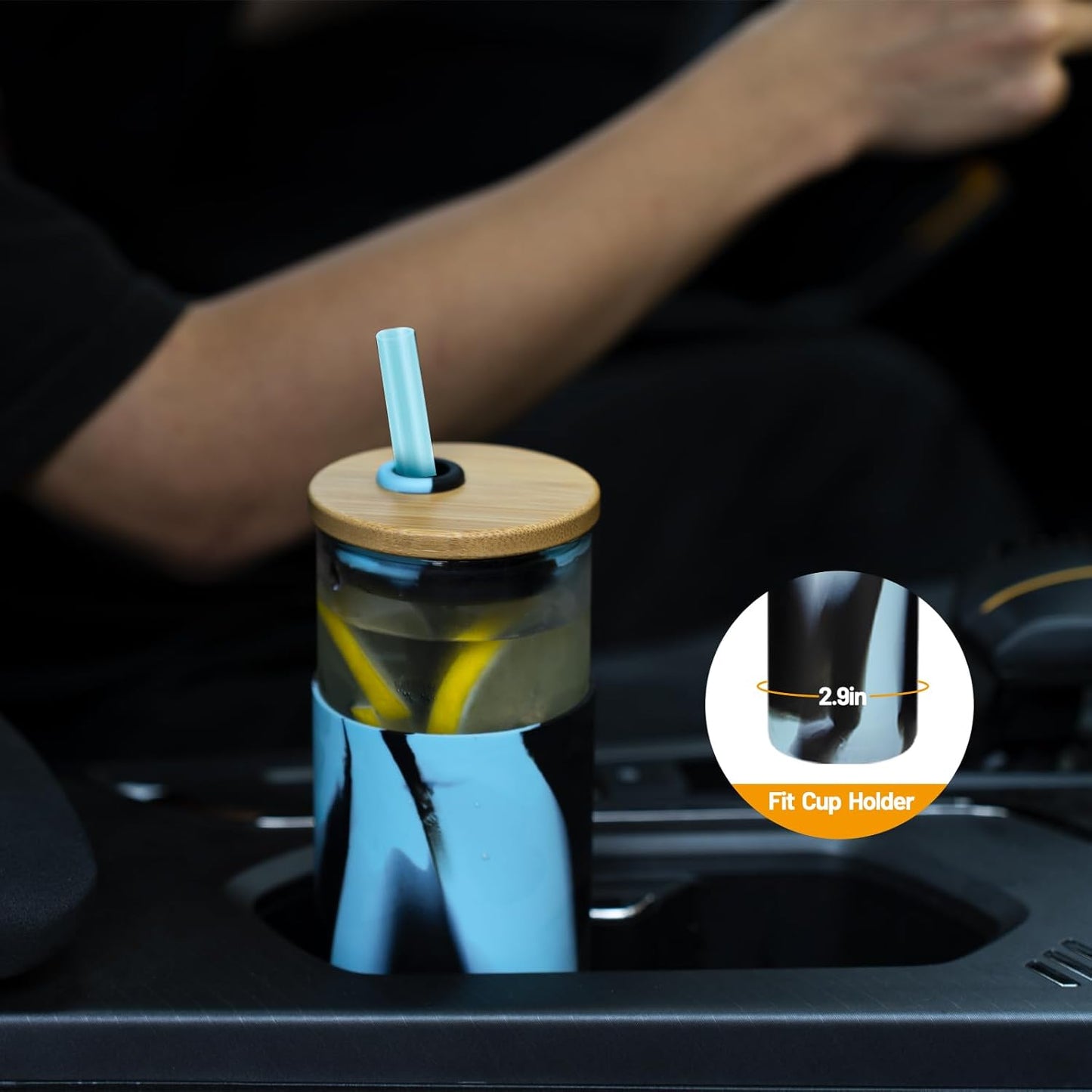 Tronco 20 oz Glass Tumbler with Straw and Bamboo Lid, Iced Coffee Cup Reusable, Smoothie Cups, Tumbler with Silicone Protective Sleeve - BPA Free