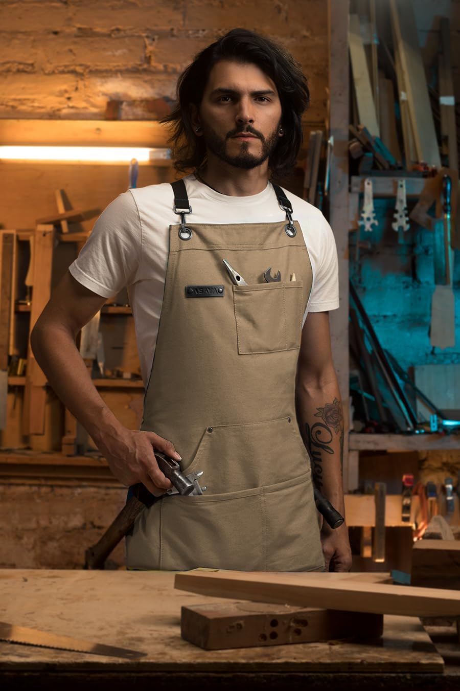 Asaya Chef and BBQ Apron with Bottle Opener and Hand Towel - 10oz Cotton Canvas, Stainless Steel Hardware - Cross Back Straps