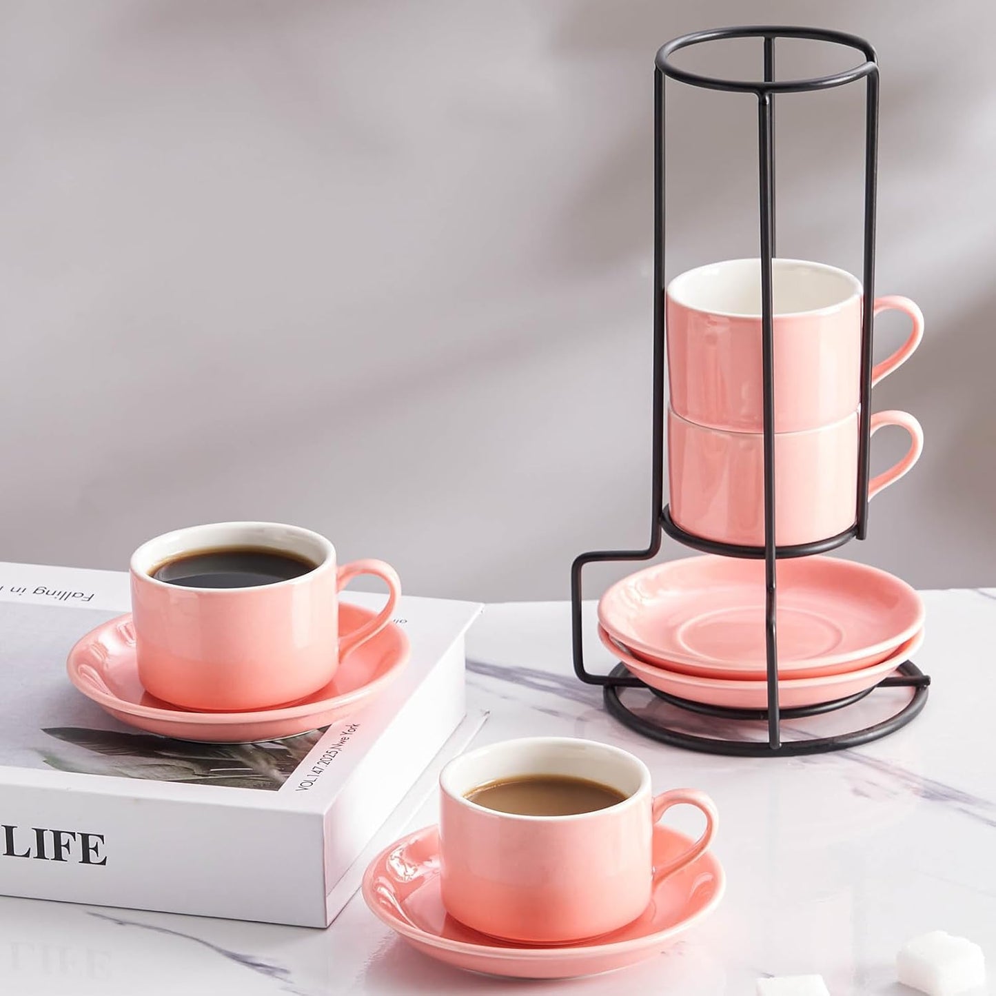 8oz Porcelain Stackable Cappuccino Cups with Saucers and Metal Stand Set of 4, Coffee Cups for Espresso, Specialty Coffee Drinks, Latte, Americano and Tea - Pink