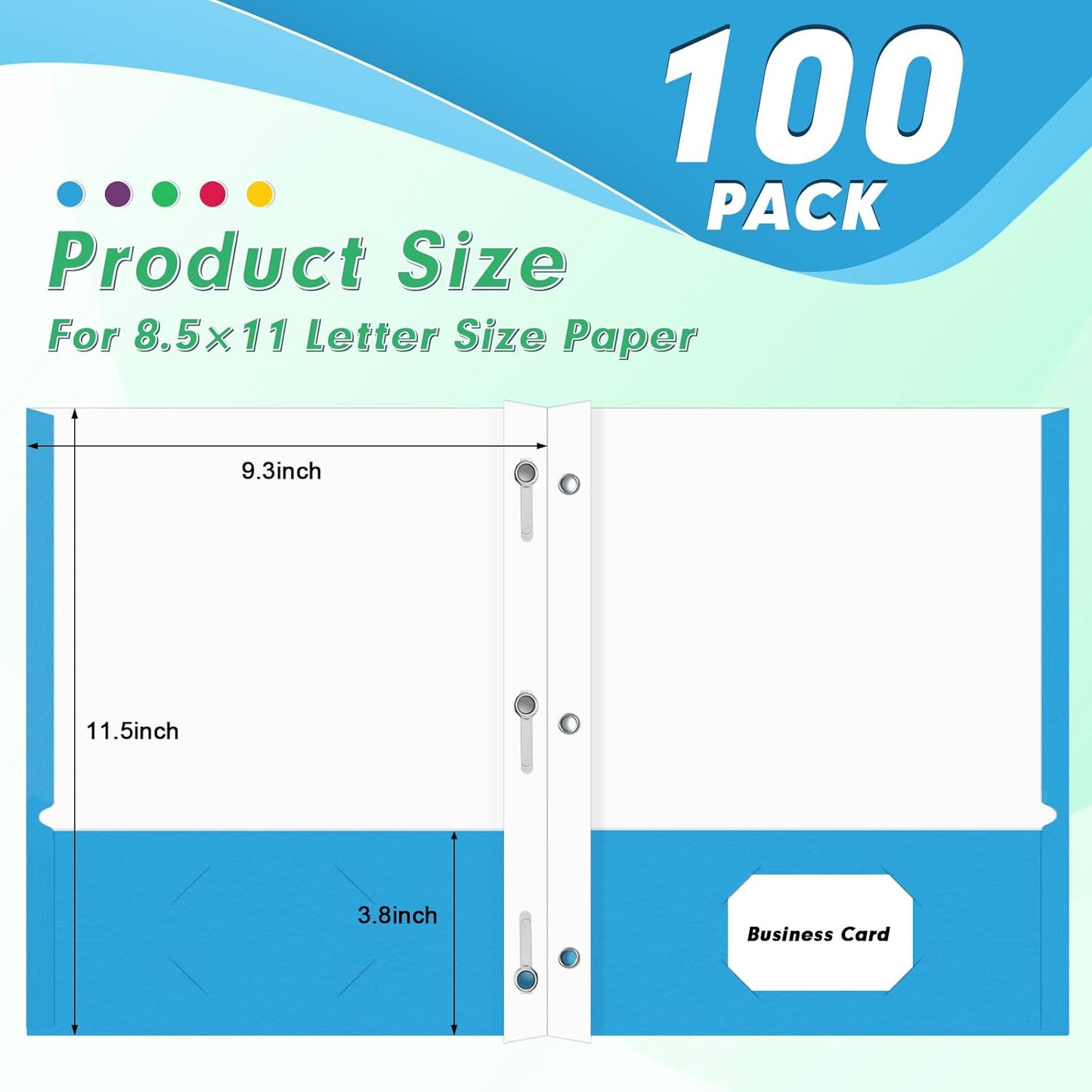 Two Pocket Folders, PANDRI 100 Pack Two Pocket Folders with Prongs, Designed for Office and Classroom, Assorted 5 Colors 2 Pocket 3 Prong Folders