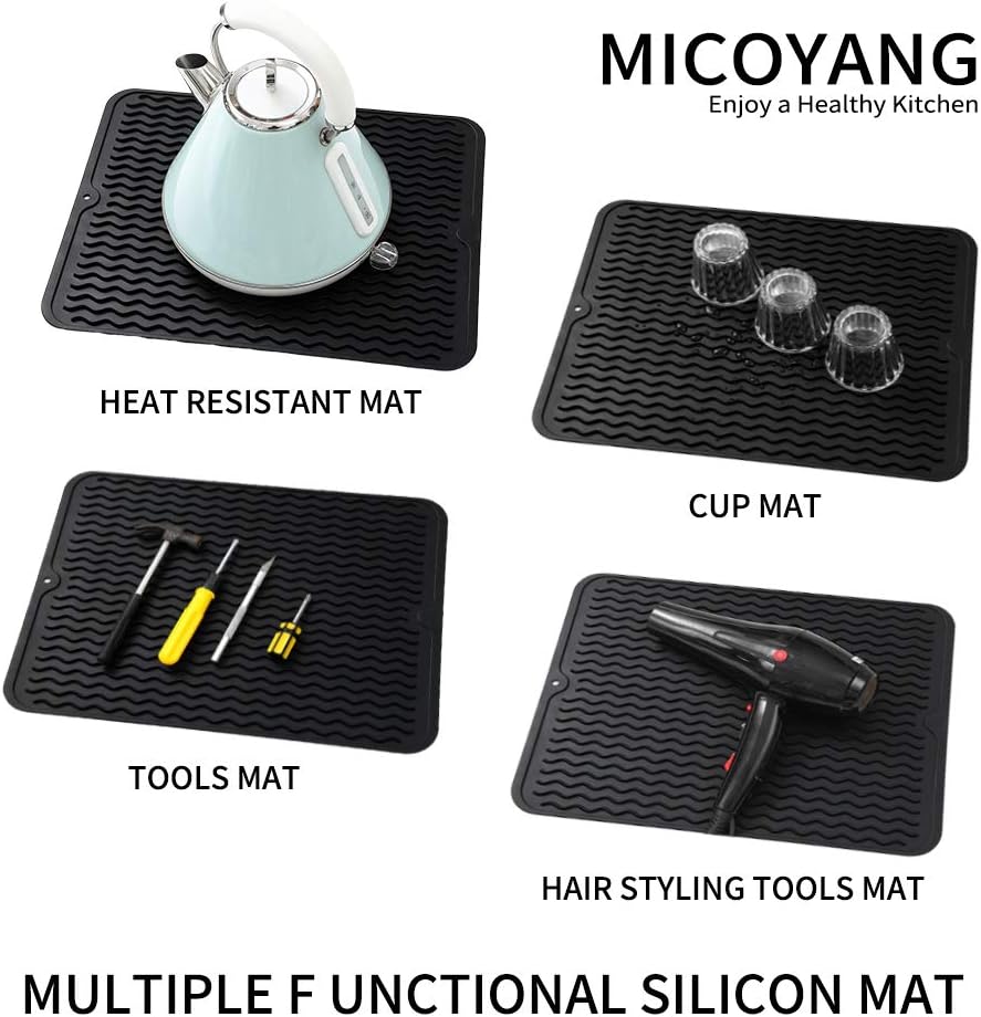 Silicone Dish Drying Mat for Multiple Usage,Easy clean,Eco-friendly,Heat-resistant Silicone Mat for Kitchen Counter or Sink,Refrigerator or drawer liner Black L 16 inches x 12 inches