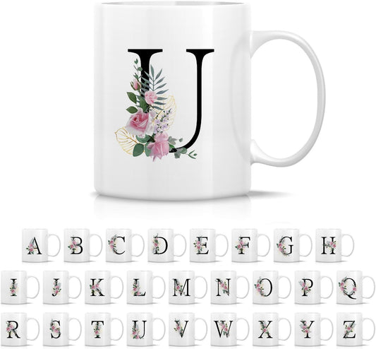 Retreez Initial A-Z Floral Botanical Bouquet Alphabet Monogrammed Monogram Mug 11 Oz Ceramic Tea Coffee Mugs - Appreciation Thank You Wedding Birthday Gifts for her friend coworker sister - U Initial