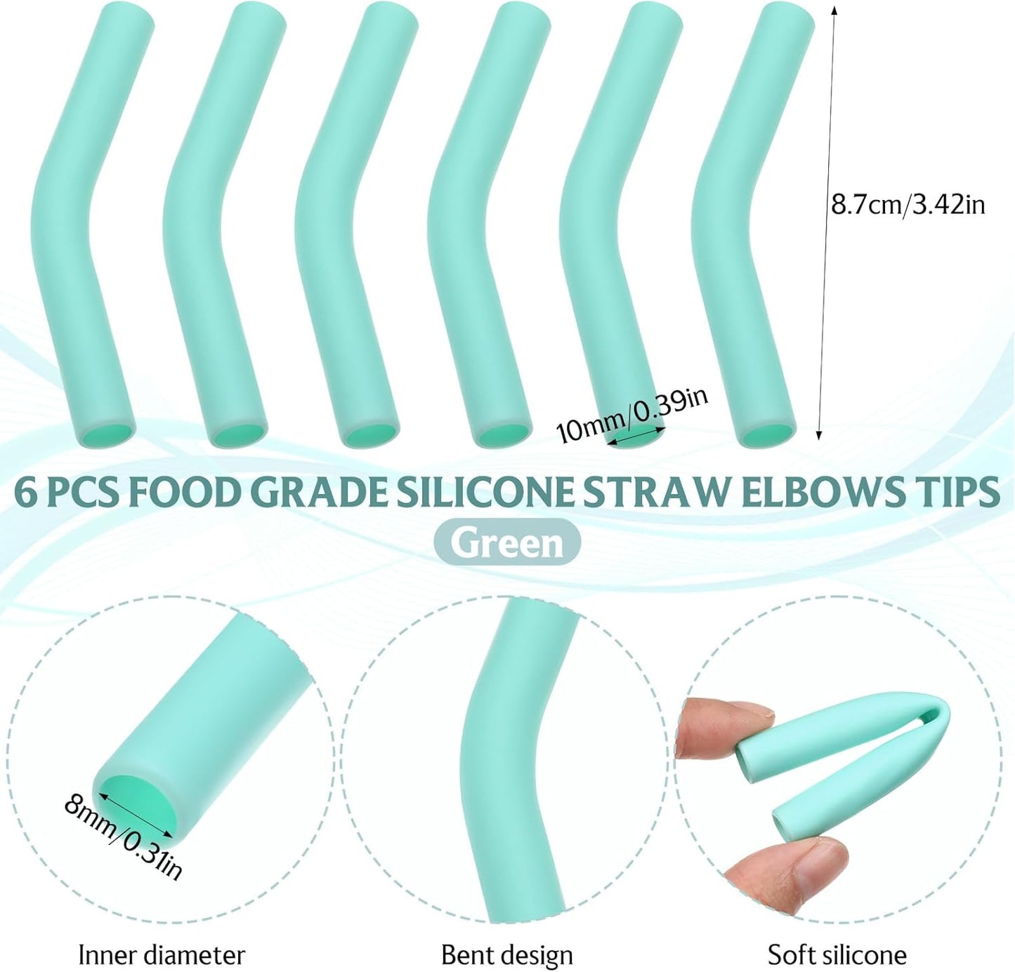 6Pcs Silicone Straw Tips, 5/16 In (8mm) Wide Metal Straw Silicone Tips Flex Elbows Rubber Straws Covers for Stainless Steel Straws (Green)