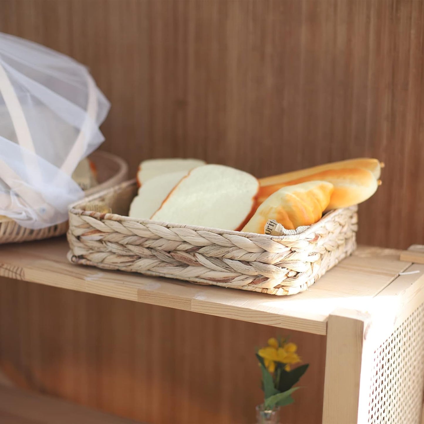 Water Hyacinth Woven Serving Tray Rectangular Hand-Woven Wicker Storage Trays for Coffee/Breakfast/Dessert/Fruit/Bread (Original Color - Large)