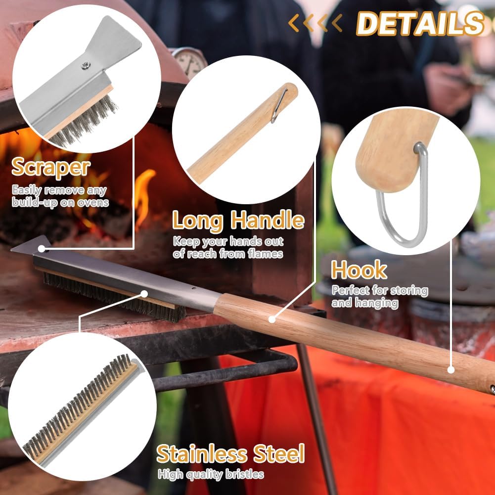 Pizza Oven Brush, 26" Brush and Stainless Steel Scraper for Pizza Stone with Screwdriver and Non Scratch Heat Proof Brass Bristles, BBQ Grill Cleaning Brush Outdoor Pizza Oven and Accessories
