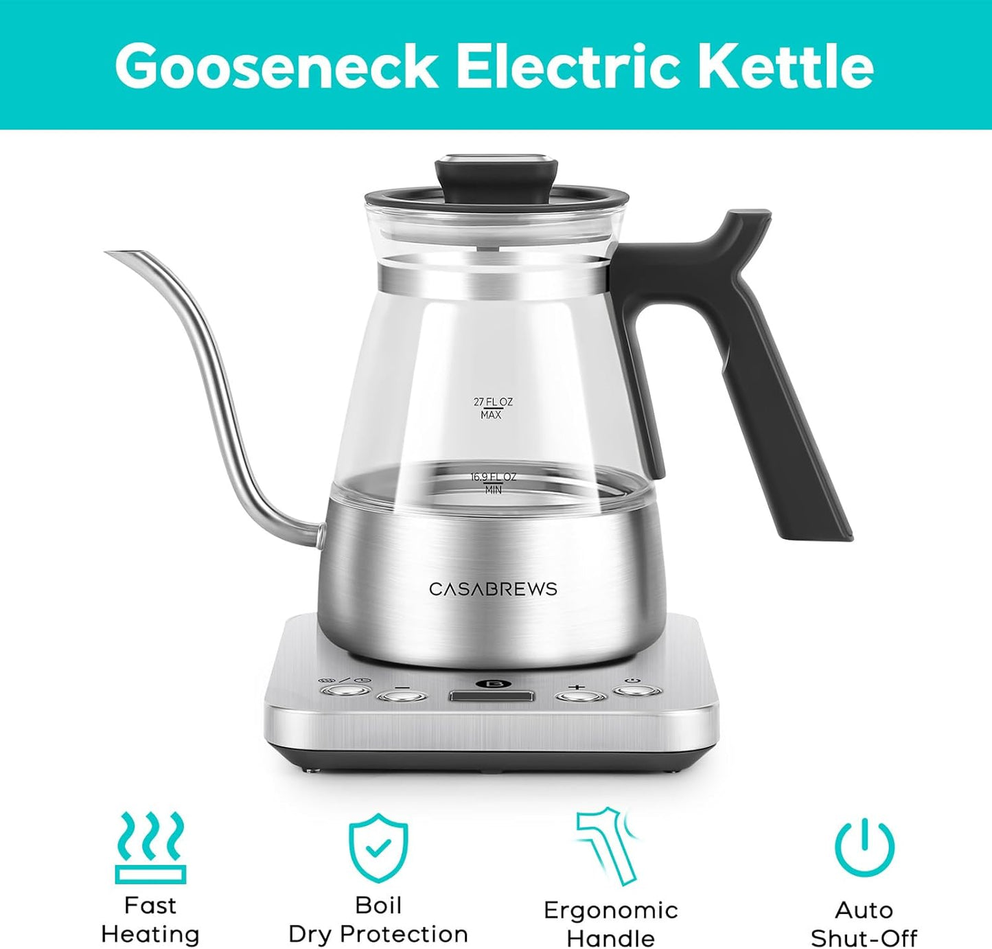 CASABREWS KEG5831 Gooseneck Electric Kettle, Stainless Steel Glass with Temperature Control & Reservation Time Function, Pour Over Kettle for Coffee & Tea, Fast Boiling, Auto Shut-Off, 1200W/0.8L