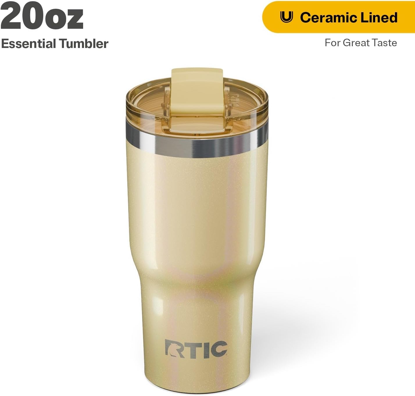 RTIC 20oz Essential Tumbler with Lid, Insulated, Stainless Steel, Metal, Double Wall Vacuum-Insulation, Ceramic Lined, Travel Cup for Iced Coffee, Tea, Hot and Cold Drink, Sunlight Glitter