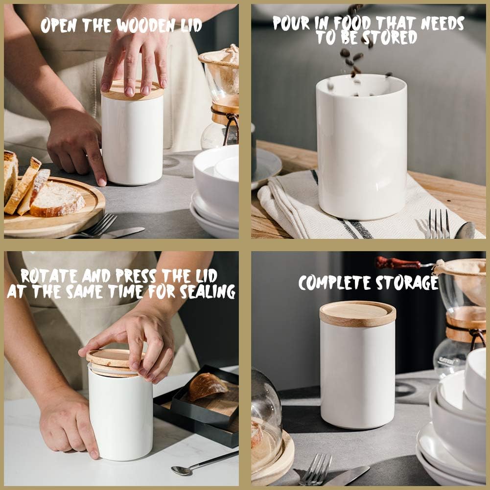 Sweejar Kitchen Canisters Ceramic Food Storage Jar, Stackable Containers with Airtight Seal Wooden Lid for Serving Ground Coffee, Tea, Sugar, Salt and More - 28 Fl Oz (Black)