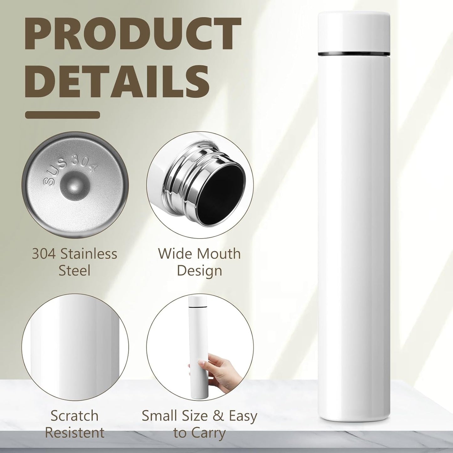 Vesici 1 Pack Slim Water Bottle 8.8 oz Small Stainless Steel Purse Compact Insulated Water Bottles Camping Travel Backpack Pocket Flask for Car Cold Coffee Tea (White)