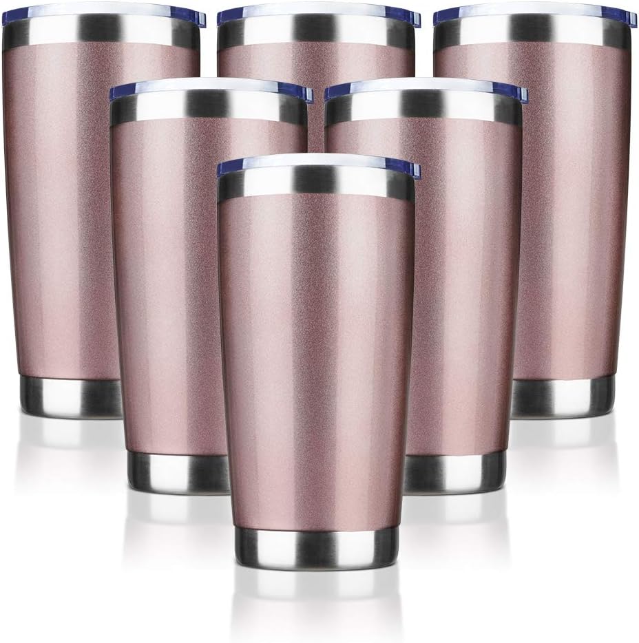 20oz Tumbler Bulk Stainless Steel Vacuum Insulated Tumblers with Lid Double Wall Travel Mug, Powder Coated Coffee Cup, Suitable for Ice Drinks and Hot Beverage (Rose gold 6pack)