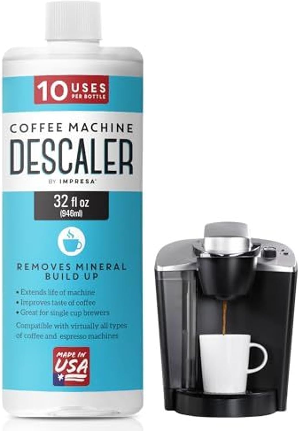 IMPRESA 10 Uses 32oz Coffee Machine Descaler for Keurig and Virtually All Single Use Coffee and Espresso Machines - Made in the USA