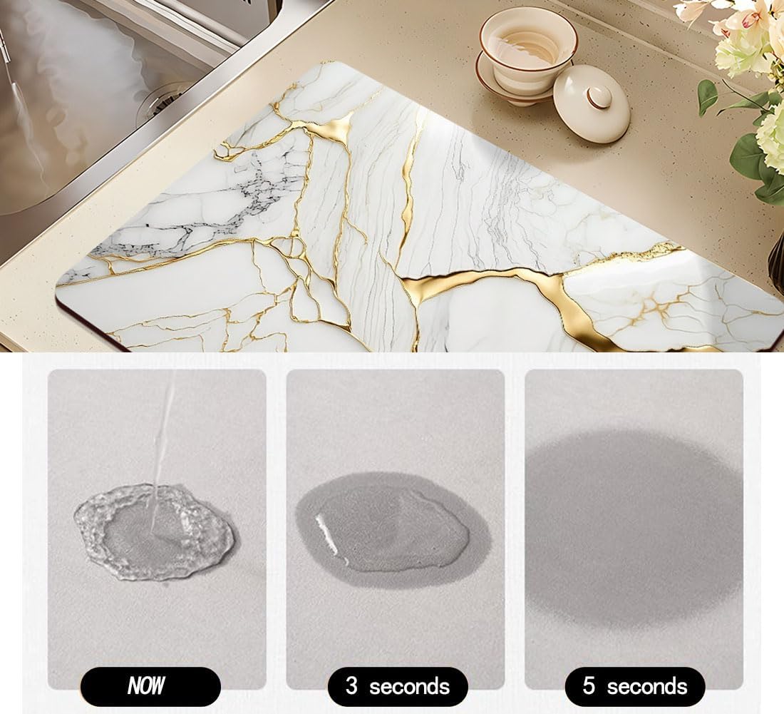 Coffee Mat or Dish Drying Mat Super Absorbent Drying Marble pattern Mat, Fit Under Coffee Maker Espresso Machine Absorbent Hide Stain Rubber Backed Dish Drying Mat for Kitchen Counter (12″x 20″white)