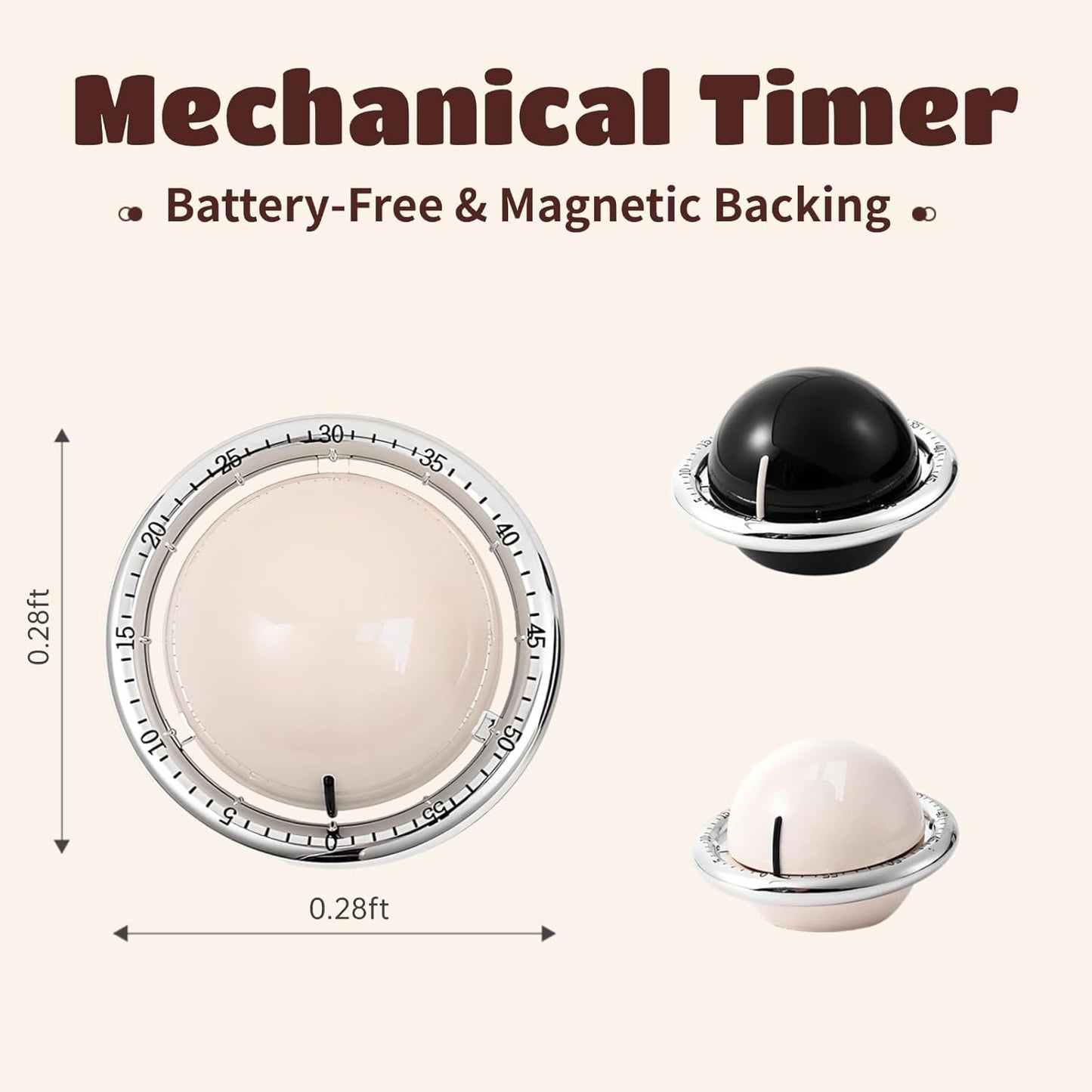 Planet-Shaped Mechanical Timer | No Batteries Needed | 59-Minute Countdown | Magnetic Base | Multi-Purpose Kitchen, Study & Classroom Timer (White)