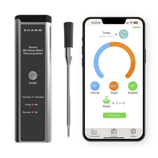 Charm Smart Wireless Meat Thermometer 1000°F Open Flame Grilling - 500 ft Range Bluetooth Meat Thermometer for BBQ, Grill, and Smoker - Dual Temperature Sensors App-Controlled Food Thermometer