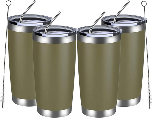MEWAY 20oz Tumbler 4 Pack Double Wall Vacuum Insulated Travel Mug Bulk, Stainless Steel Tumblers with Lid and Straw, Durable Powder Coated Coffee Cups for Cold & Hot Drinks (Army Green, 4)