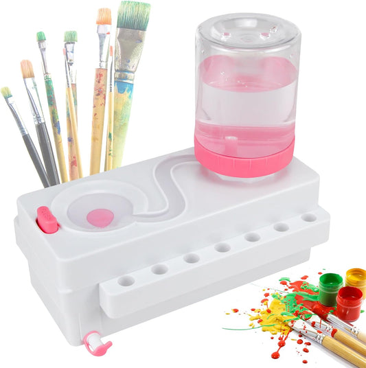 Brush Rinser Set Paint Cleaning Tools Makeup Brush Cleaner Machine, Paint Brush Cleaner Brush Rinser Running Water Circulation Paint Brush Cleaner (White Pink)