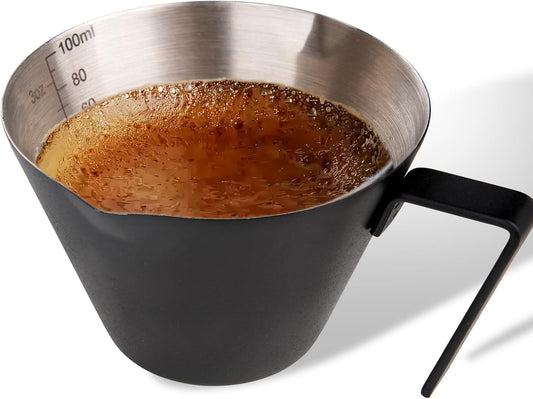 YARRAMATE Stainless Steel Espresso Shot Cup, Double Spout Metal Espresso Measuring Cup with V-Shaped Mouth, Espresso Accessories, 3.4OZ/100ML (Black)