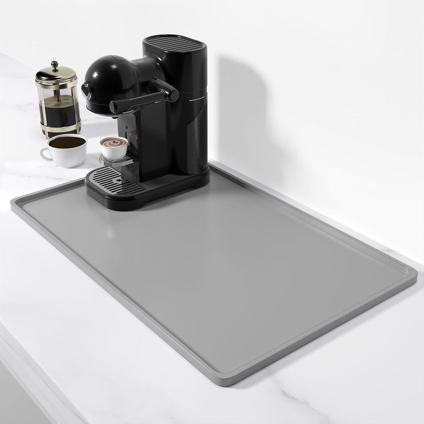 Rnivvi Silicone Coffee Mat, 12" x 19" Waterproof Raised Edge Coffee Bar Mats for Espresso Machine Station Accessories, Heat Resistant Dish Drying Pad for Kitchen Counter, Rubber Bar Decor Pad, Gray