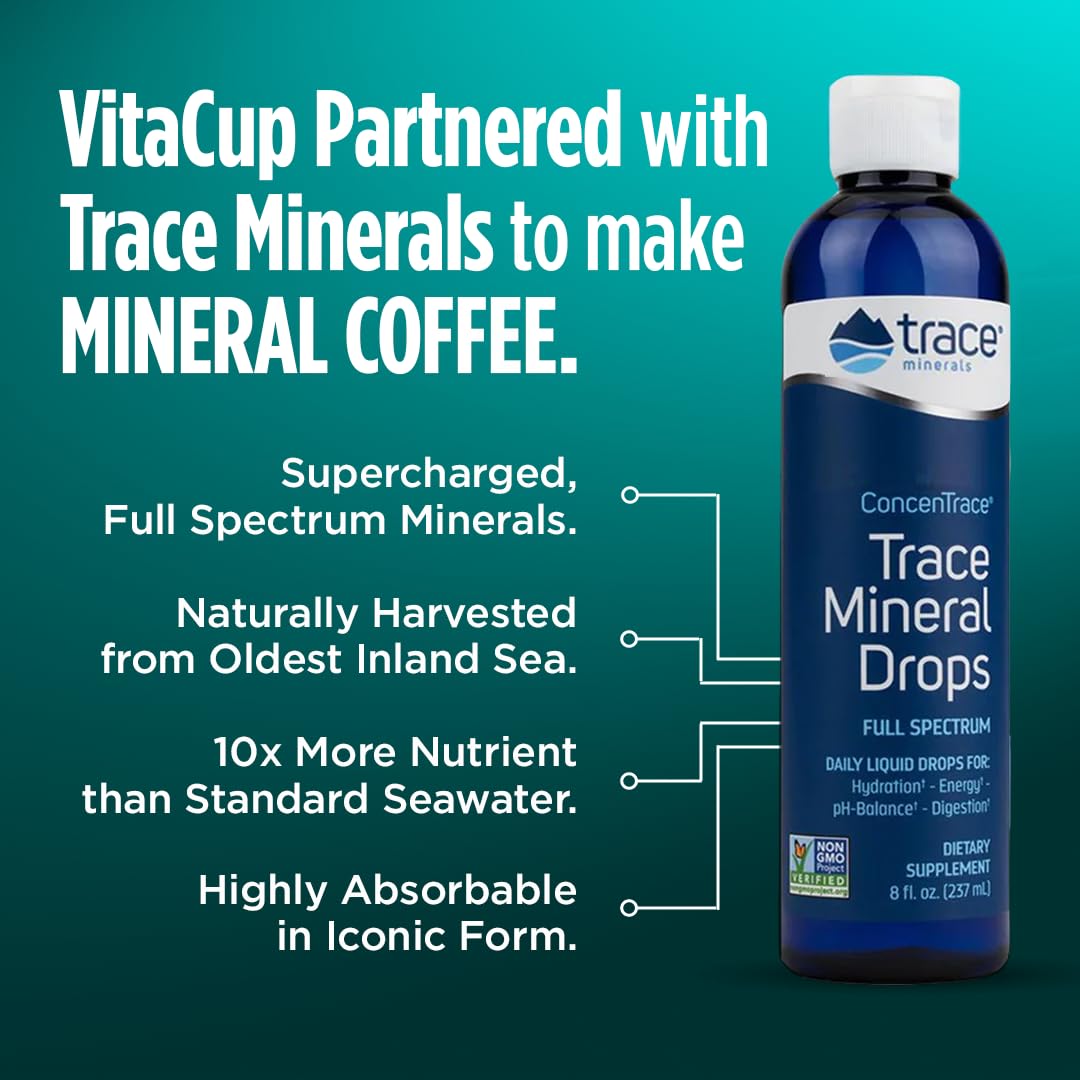VitaCup Mineral Coffee Pods with Trace Minerals, Hydrate, Replenish & Restore, w/Sea Minerals, Electrolytes, Organic Coffee, Medium Dark Roast, Single Serve Pod Compatible w/Keurig K-Cup Brewers,16 Ct