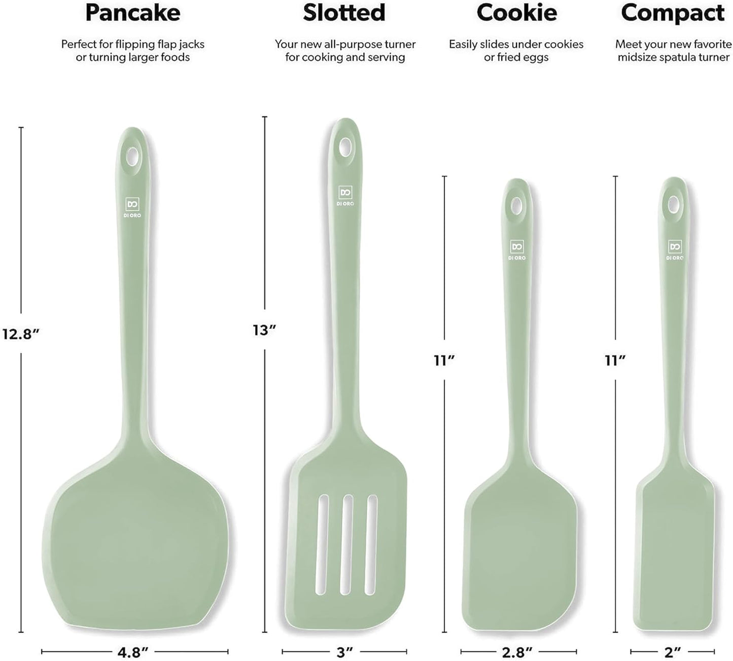 New DI ORO Silicone Turner Spatula Set - Kitchen Spatulas for Nonstick Cookware - Cooking Utensils for Flipping Eggs & Pancakes - 600°F Heat-Resistant BPA Free Turners - Dishwasher Safe (4pc, Sage)