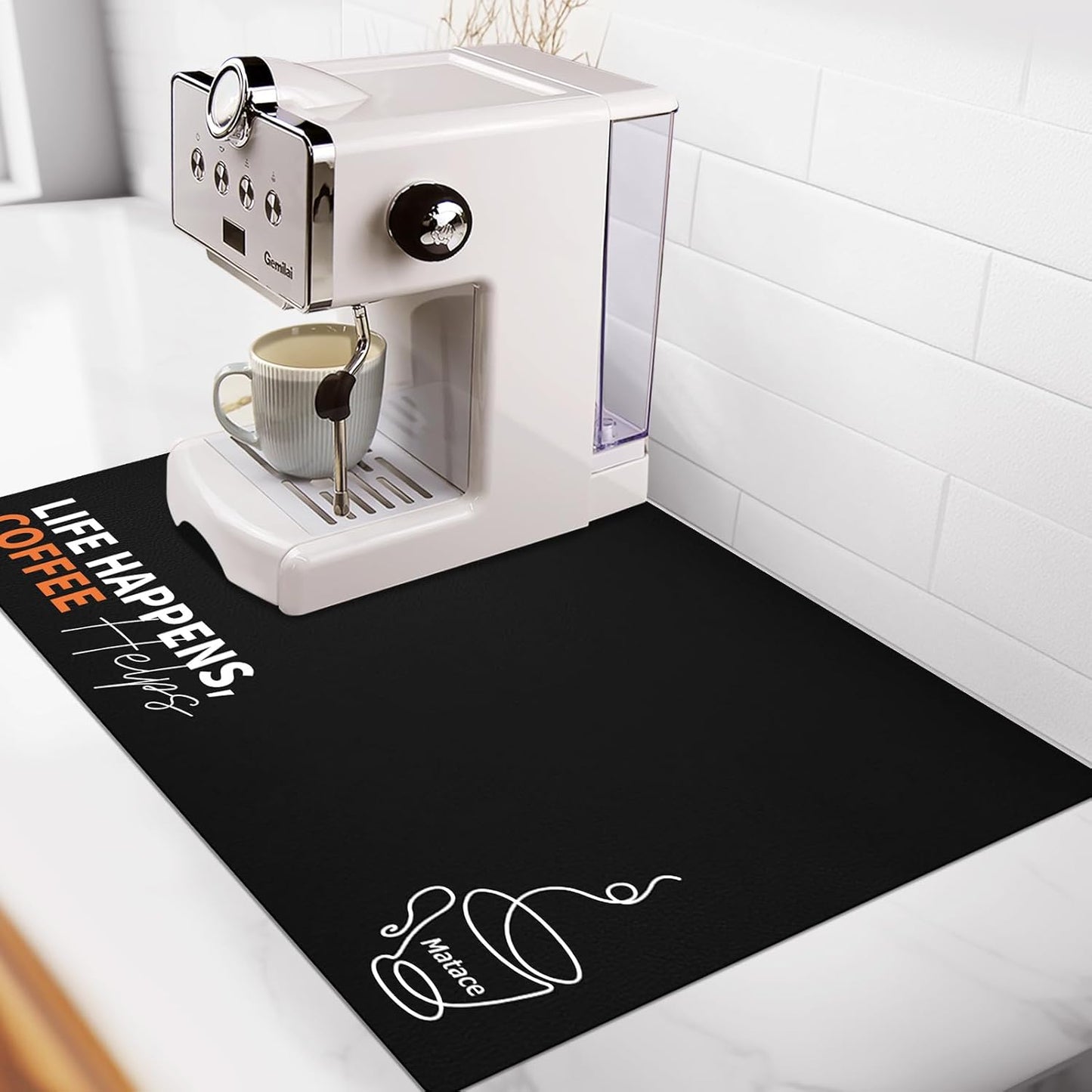 Matace Designer Coffee Bar Mat, Small 12 x 19 Inches, Rubber Backing, Absorbent Coffee Maker Mats for Dish Drying, Kitchen Countertop, Life Happens Coffee Helps, Black