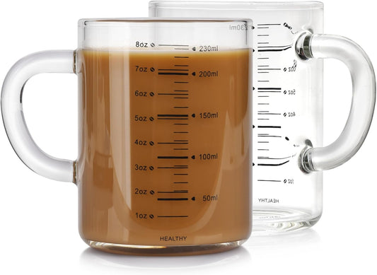 2 Piece Expresso shots cup,Glass measuring cup,8 Oz Glass Measuring Cup,Tea Glass Cups withHandles,Glass Coffee Cups for Latte(Black-2pcs)