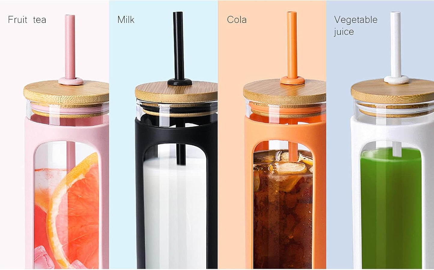 Kodrine 20oz Glass Tumbler with Straw and Lid, Bamboo Lids Water Bottle, Reusable Iced Coffee Cups, Wide Mouth Smoothie Cup with Protective Silicone Sleeve BPA FREE-Purple-2pack