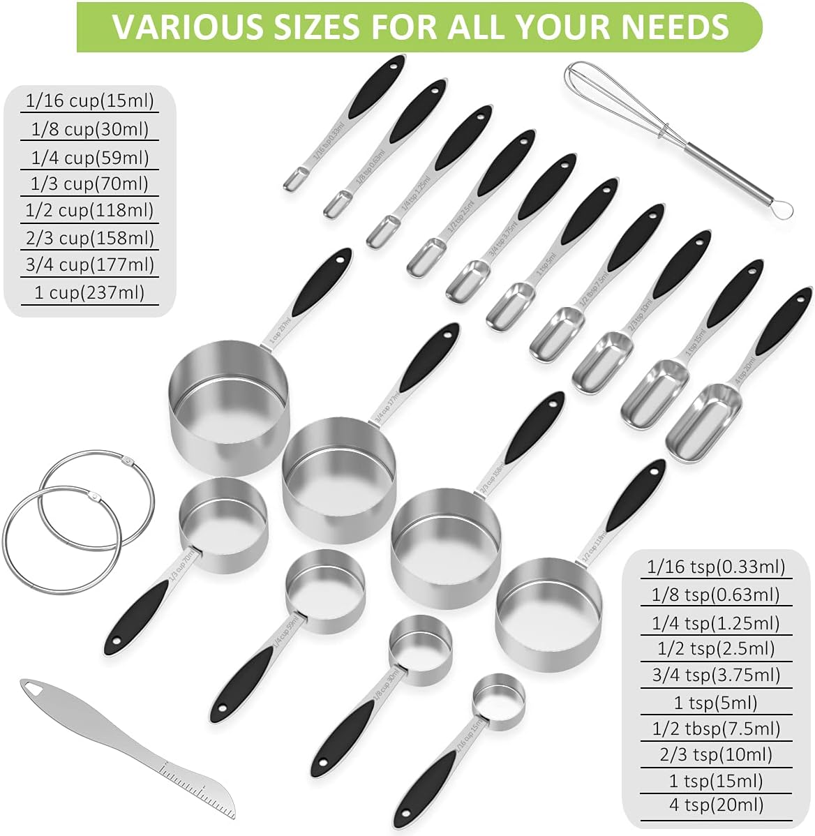 Measuring Cups and Measuring Spoons Set, Wildone Stainless Steel 8 Measuring Cups, 10 Measuring Spoons, 1 Leveler 1 Whisk & 5 Mini Spoons, for Dry and Liquid Ingredient - 25 Piece Black