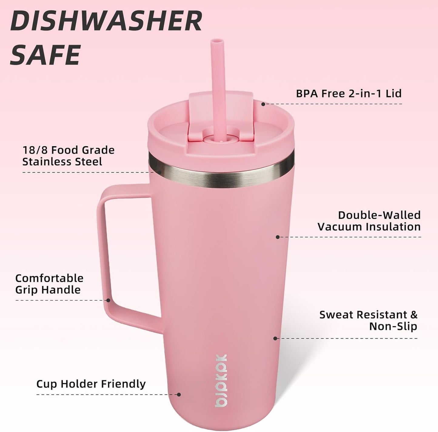 BJPKPK Insulated Tumbler with Handle, 22oz Insulated Tumblers with Lid and Straw, Stainless Steel Metal Water Bottles, Coffee Travel Mugs, Cups, Light Pink