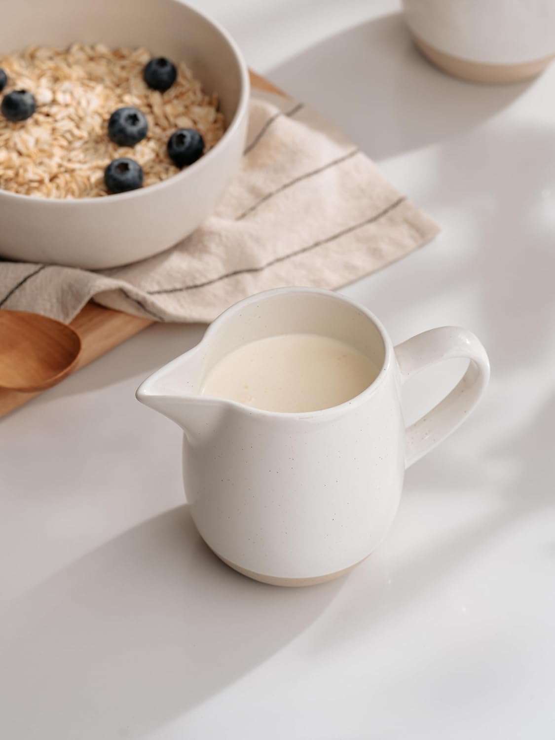 famiware Milkyway 13oz Creamer with Handle, Ceramic Coffee/Milk/Sauce/Serving/Salad Pitcher Jug, Stoneware Maple/Syrup Dispenser, Milk Frother Cup, Microwave and Dishwasher Safe, White