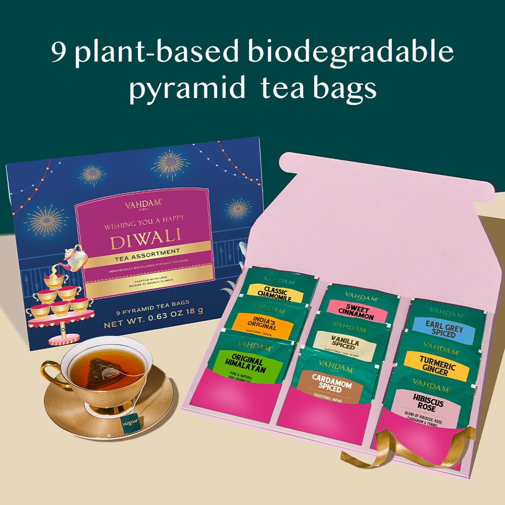 VAHDAM, Limited Edition - Happy Diwali Gift Basket | 9 Delicious Variety Pyramid Tea Bags | Perfect Diwali Gifts for Friends and Family I Perfect Diwali Offering for Guests