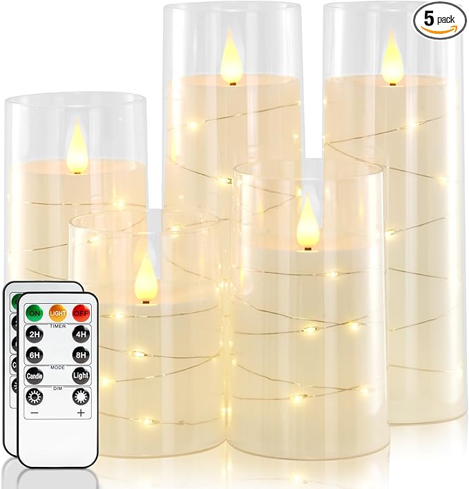 Homemory Pure White Flameless Candles with Embedded Star String Fairy Lights, Battery Operated Candle, LED Candles, Fake Candles with Remote Control and Timer, Set of 5(H4 5" 6" 8" 8")