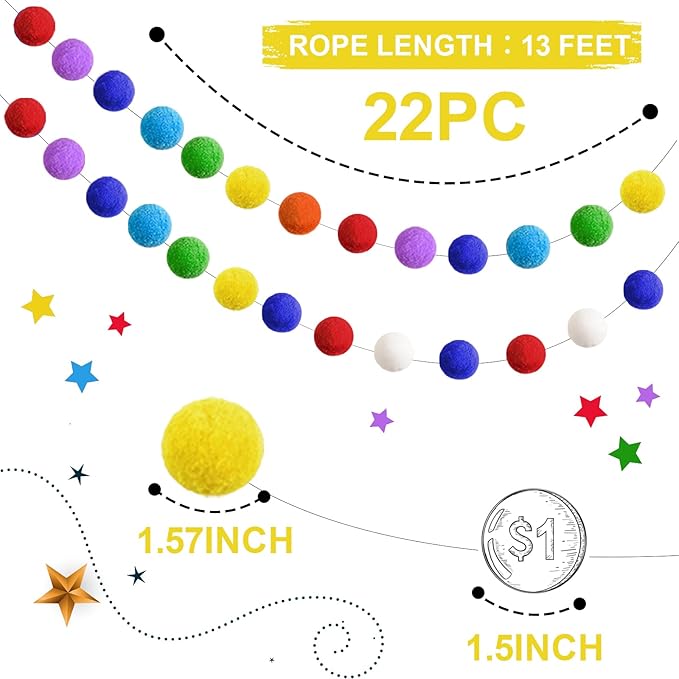 TBD Decor 2pk Rainbow Color Pom Pom Garland 13FT Colorful Large Felt Ball Garland for Mantle,Indoor Holiday Wedding Birthday Party Supplies