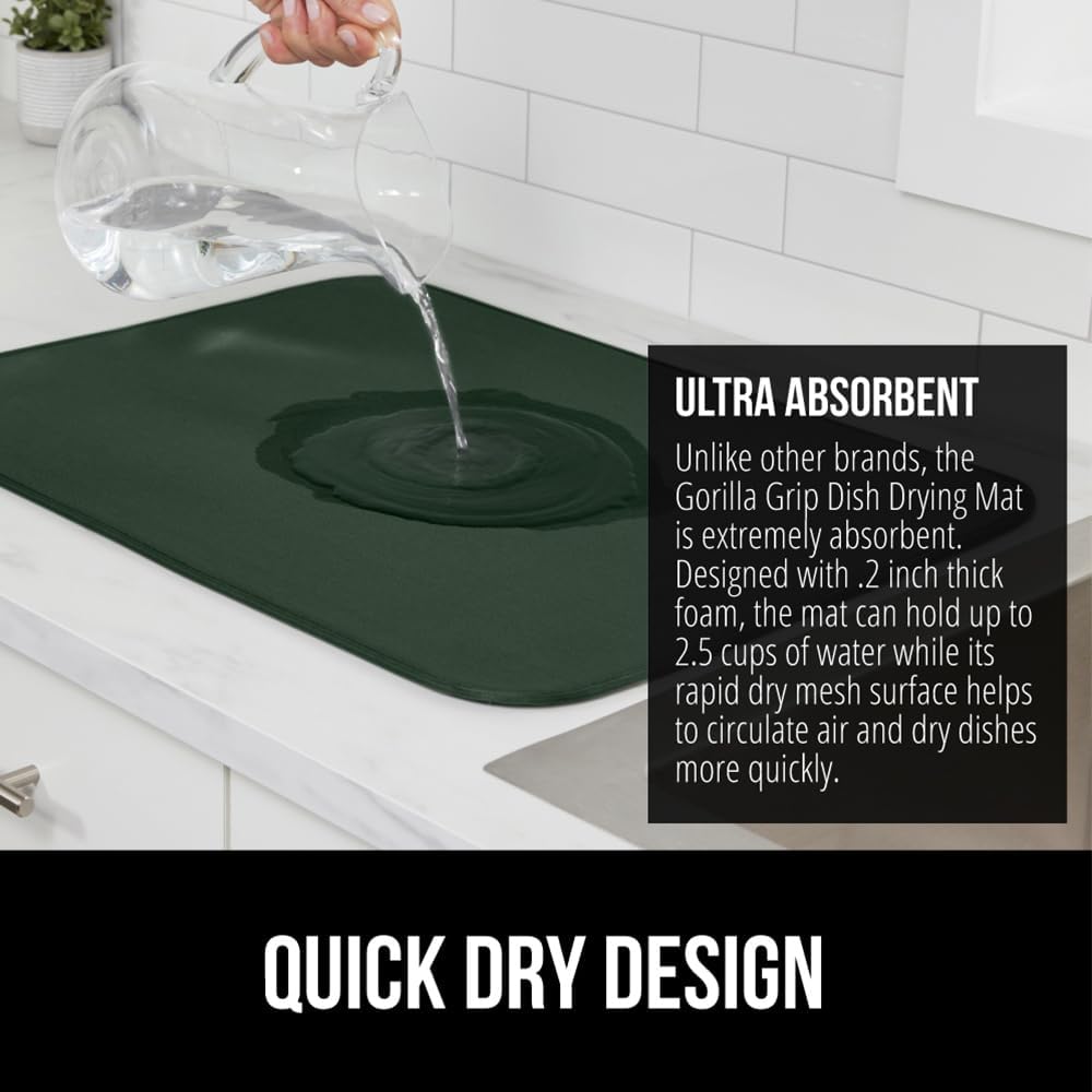 GORILLA GRIP Ultra Water Absorbent Microfiber Dish Drying Mat, 18x24, Quick Dry Thick Mesh, Slip Resistant Pad for Sink Dishes Under Rack, Kitchen Counter Accessories, Machine Wash, 2 PK Hunter Green