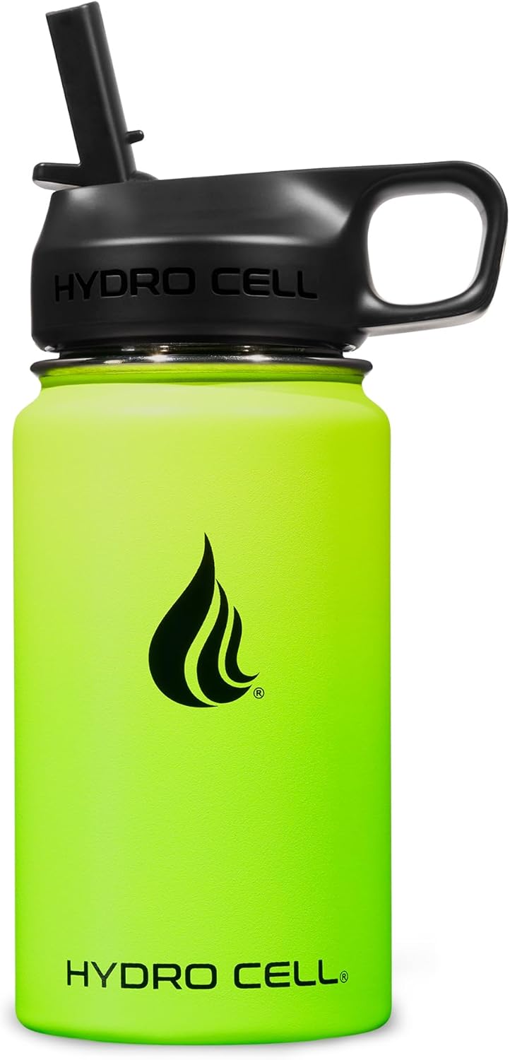 HYDRO CELL Stainless Steel Insulated Water Bottle with Straw - For Cold & Hot Drinks - Metal Vacuum Flask with Screw Cap and Modern Leakproof Sport Thermos for Adults (Neon 14oz)