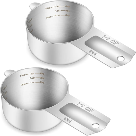 2PCS 1/3Cup (80ml, 2.6oz) Single Measuring Cup, Etched Inner Scale Stainless Steel Measure Scoop, Metric and US Measurement, Dishwasher Safe