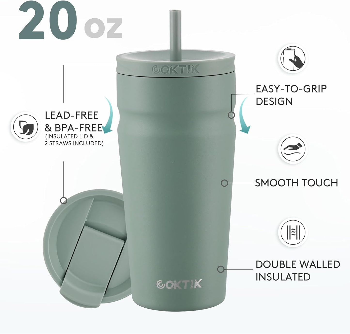 COKTIK 20oz Insulated Tumbler with Lid and Straw 2 Lids (Straw/Flip) Iced Coffee Cup Reusable Stainless Steel Travel Mug Water Bottle Cupholder Friendly for Women Men Her Him (Bay Leaf)