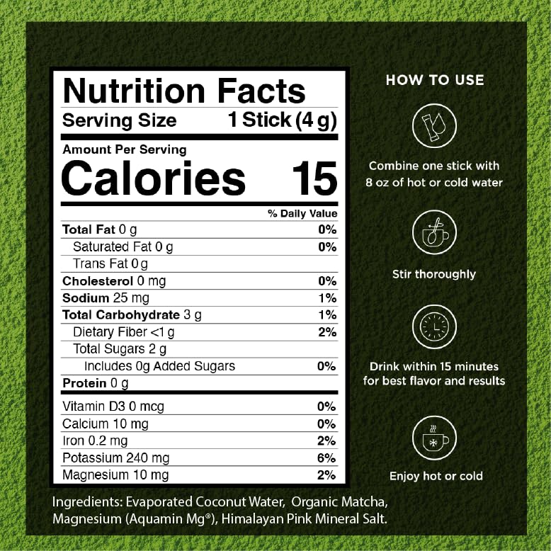 VitaCup Hydration Matcha Instant Packets, for Natural Energy and Detox, w/Electrolytes, Ceremonial Grade Organic Matcha, Coconut Water, Pink Himalayan Salt, Magnesium, in Single Serve Sticks, 40 Ct