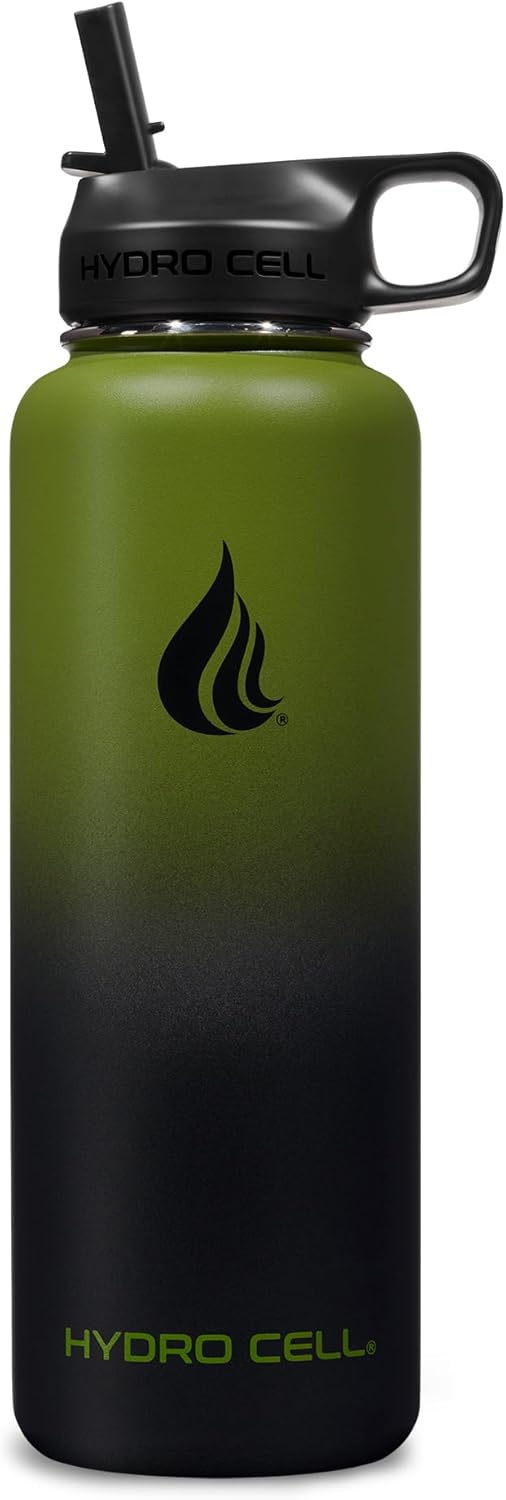 HYDRO CELL Stainless Steel Insulated Water Bottle with Straw - For Cold & Hot Drinks - Metal Vacuum Flask with Screw Cap and Modern Leakproof Sport Thermos for Adults (Army/Black 40oz)